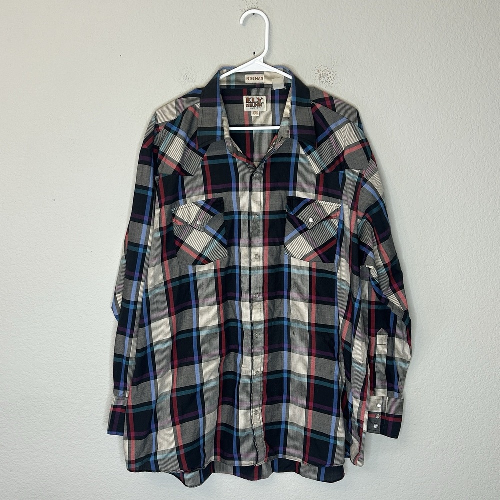 Vintage Ely Cattleman Western Shirt 2X Big Plaid Pearl Snap Long Sleeve 90s
